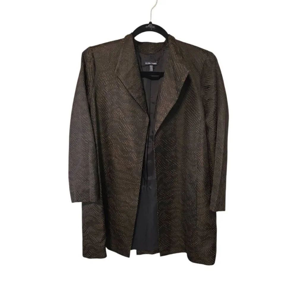 EILEEN FISHER Silk Blend Open Front Longline Jacket Blazer Bronze Black Sz L